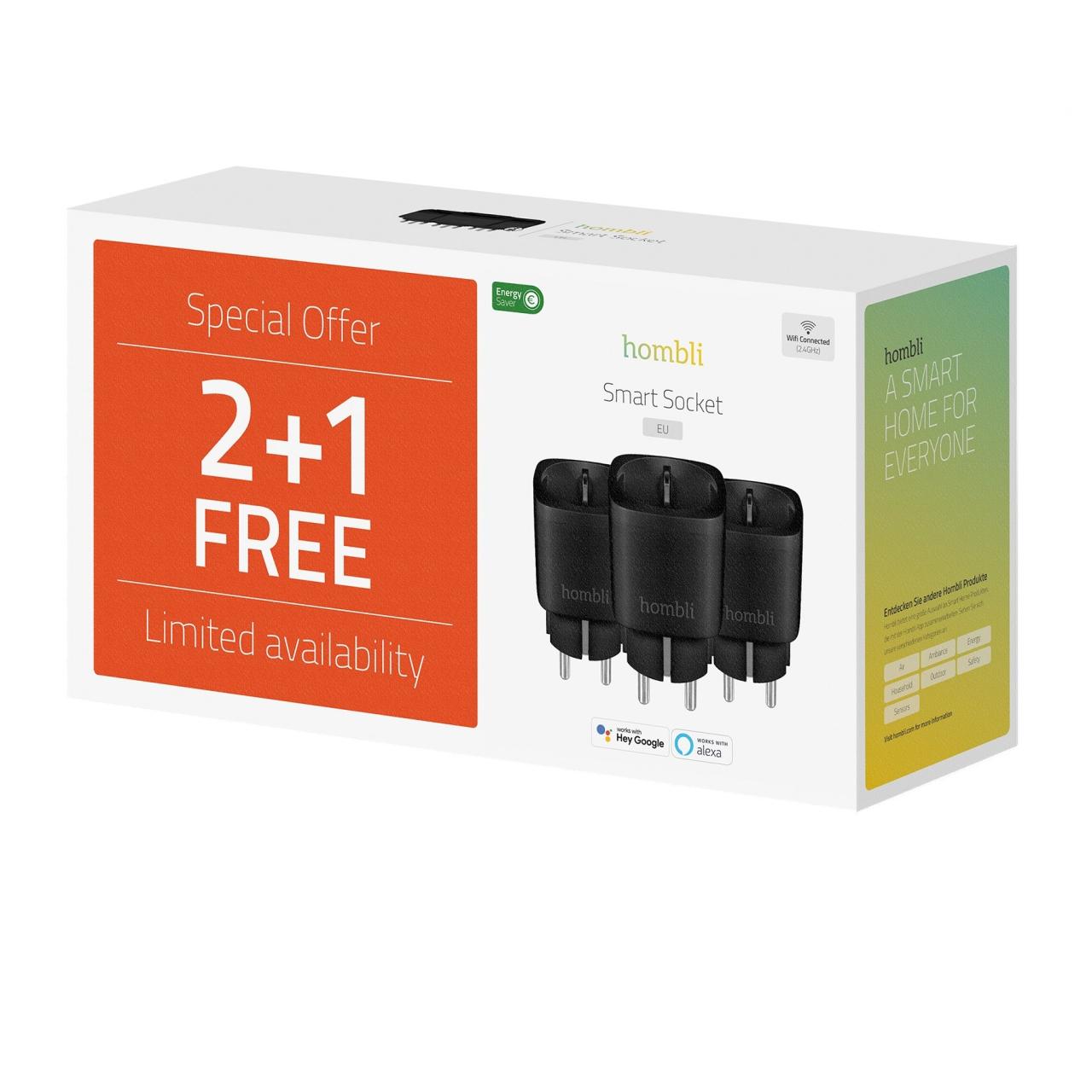 Hombli Smart Socket (EU), Promo Pack 2+1, Black