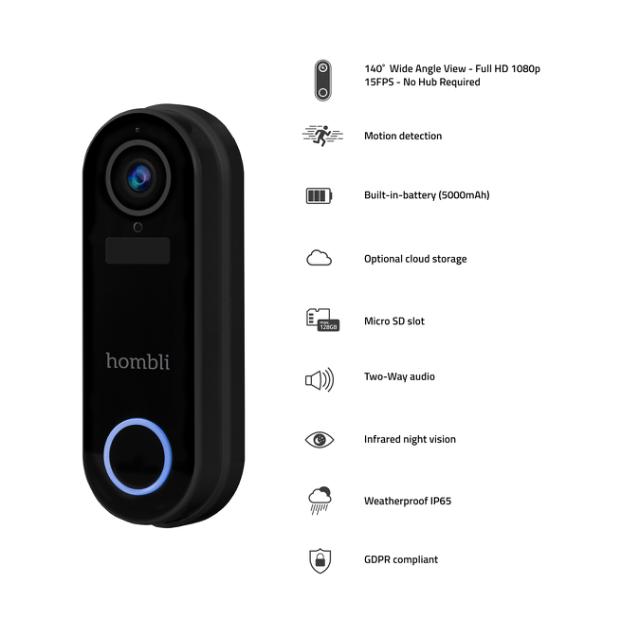 Hombli Smart Doorbell 2 Pack (Doorbell 2 + Chime 2), Black