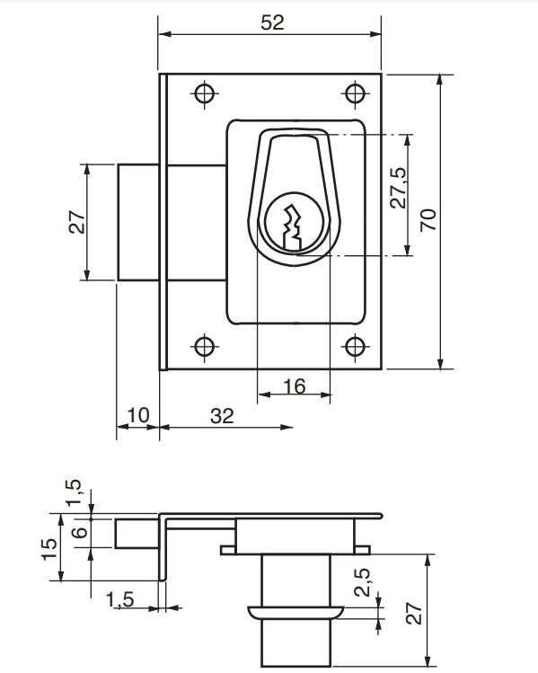 Ruko møbellås RB1614 Messing Skuffemodel (op)